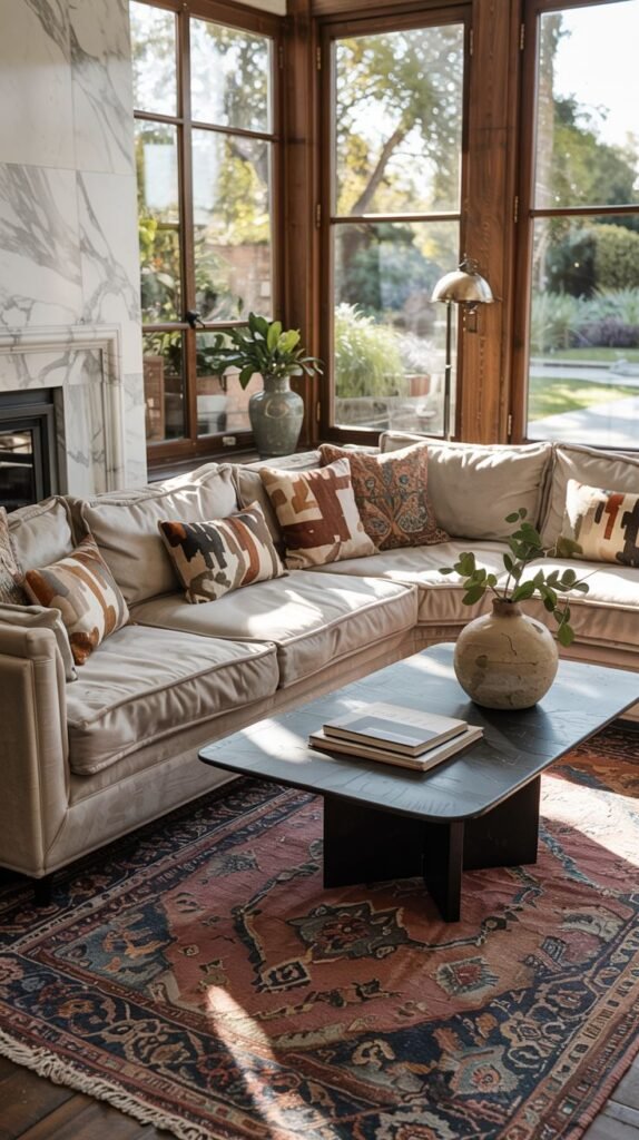 A large modern living space with a cream sectional sofa and a dark coffee table, featuring vintage-style patterned pillows and large windows looking out onto a garden, blending contemporary scale with traditional decor.