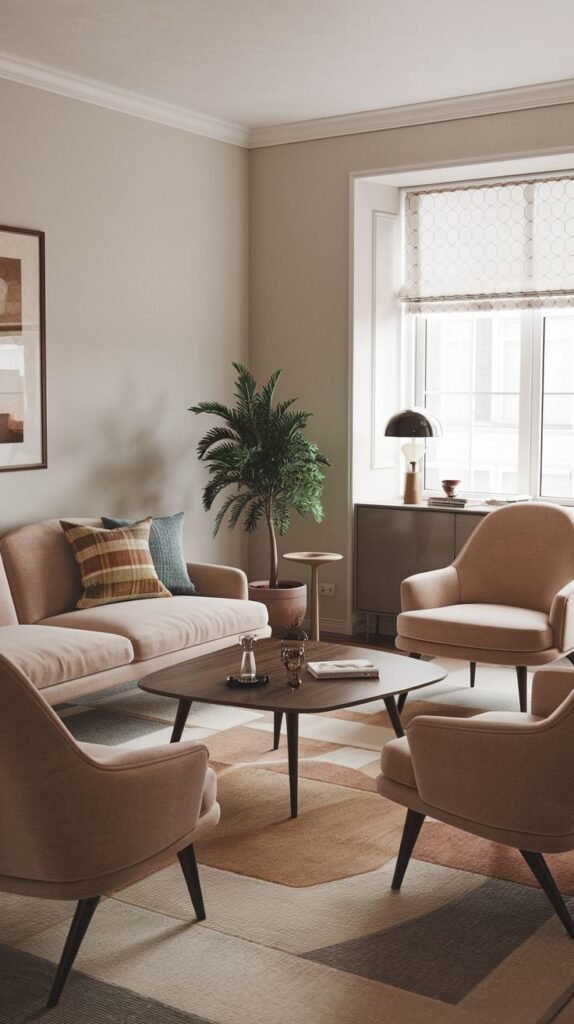 A modern living room with a light pink sofa and armchairs, centered around a dark wood coffee table, featuring vintage geometric rug patterns and a contemporary window treatment.