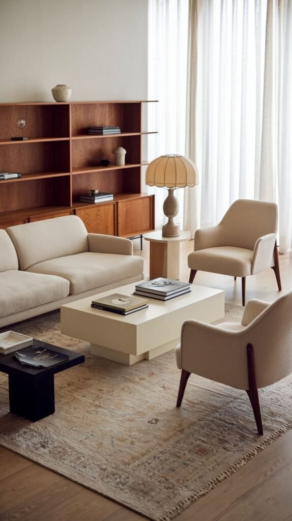 A clean modern living room with a cream sofa and armchairs, featuring a large white coffee table and a vintage-inspired patterned rug, creating a bright space with subtle classic touches.