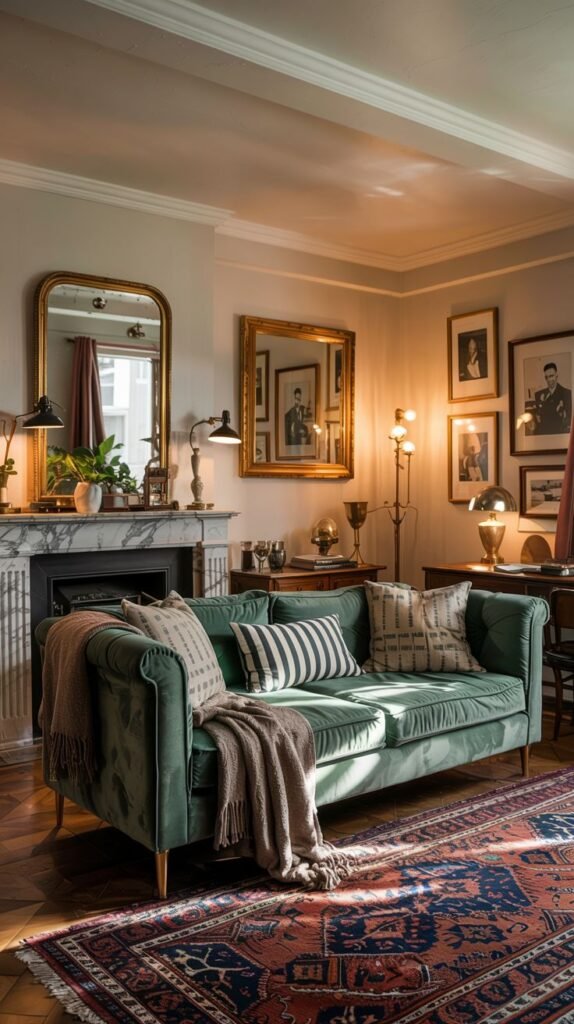 A classic living room with a vintage green velvet sofa and an ornate fireplace, featuring multiple mirrors and framed portraits, presented with modern lighting fixtures.