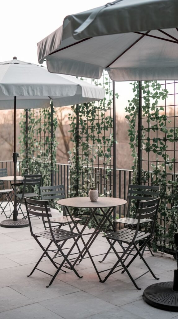 Outdoor dining area with small round tables and folding chairs, shielded by umbrellas and a trellis covered in vines.