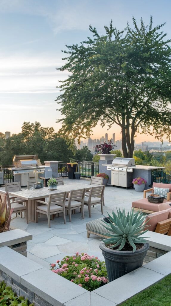 Spacious patio with an outdoor kitchen area featuring grills, a large dining table with chairs, lounge seating, potted plants, and a view of a distant city skyline.