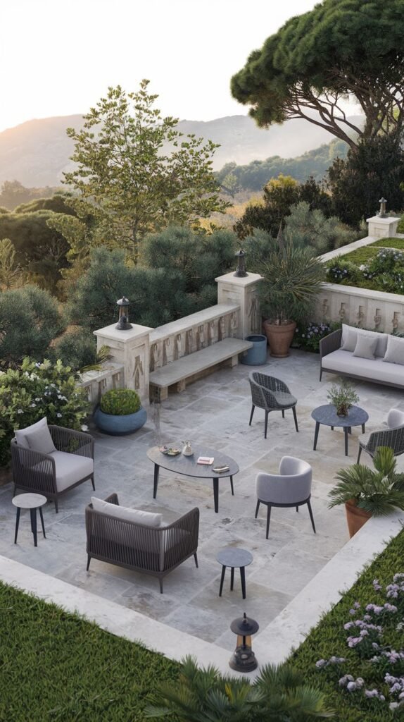 Terraced patio with various seating arrangements including sofas, armchairs, and tables, set in a landscaped garden overlooking a valley.