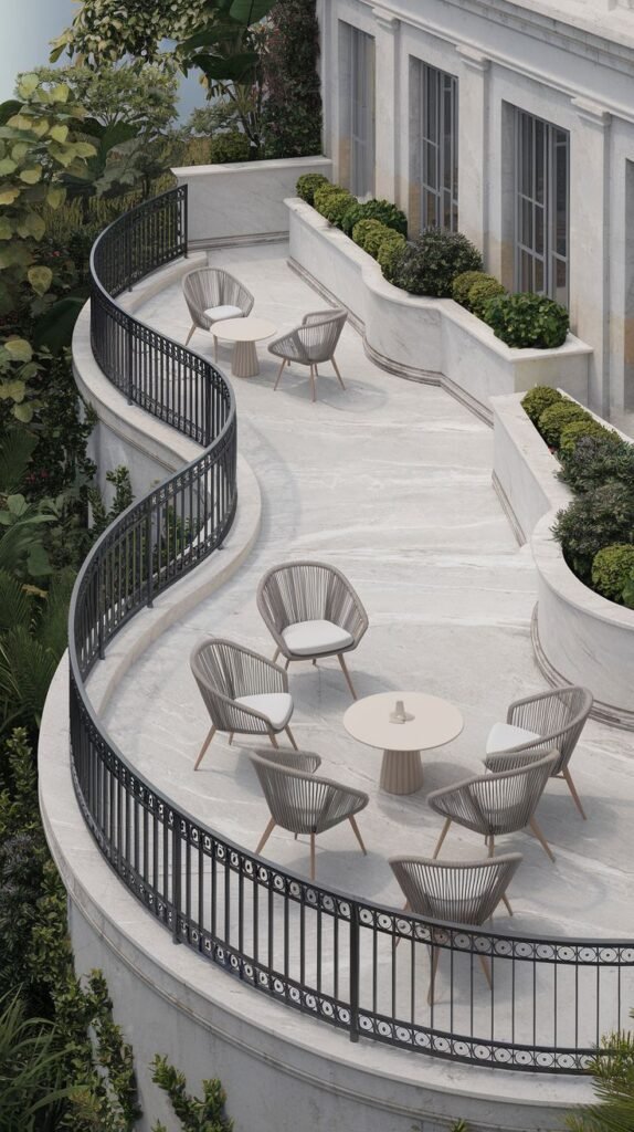 Curved balcony or terrace with a metal railing, featuring several chairs around small tables and surrounded by lush greenery.