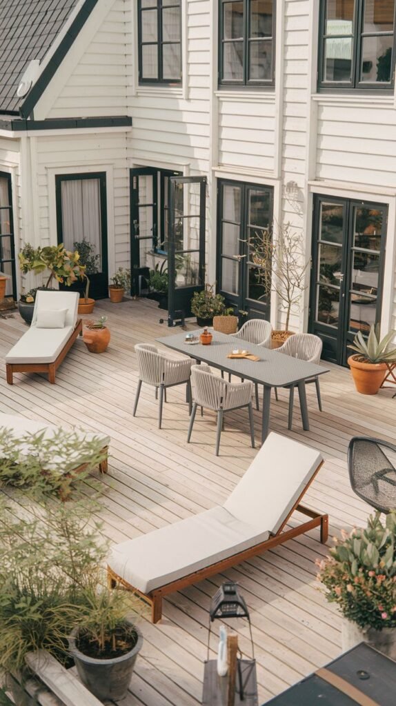 Wooden deck area of a white house with black doors, featuring lounge chairs, a dining table with chairs, and various potted plants.