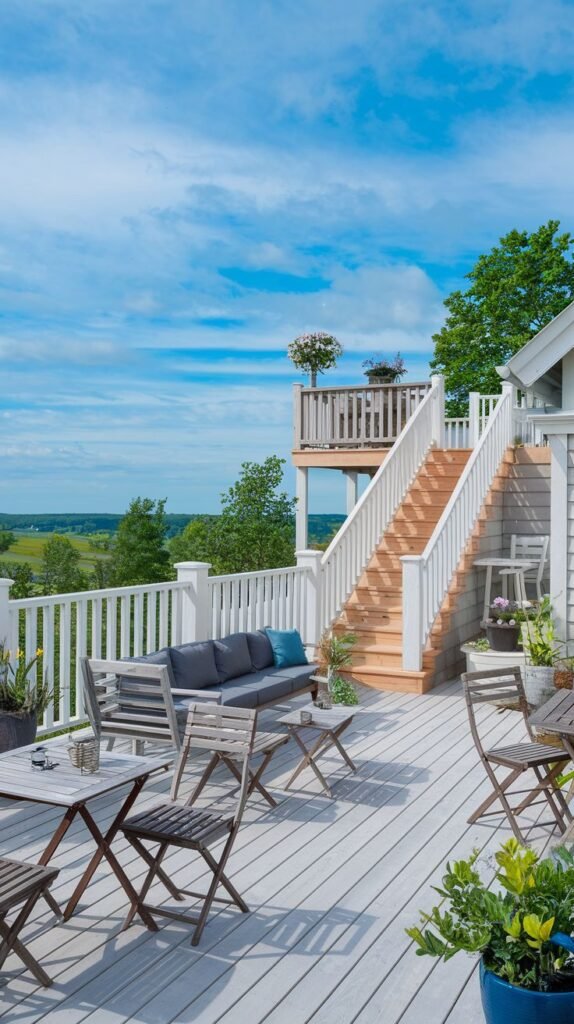 Multi-level wooden deck with stairs, featuring outdoor seating areas with tables and chairs, overlooking a scenic landscape under a blue sky.