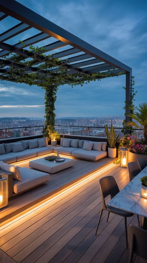 Rooftop patio at dusk with a large sectional sofa centered around a low table, illuminated by strip lighting along the platform edge and overhead string lights from a pergola covered in vines, with a city view in the background.