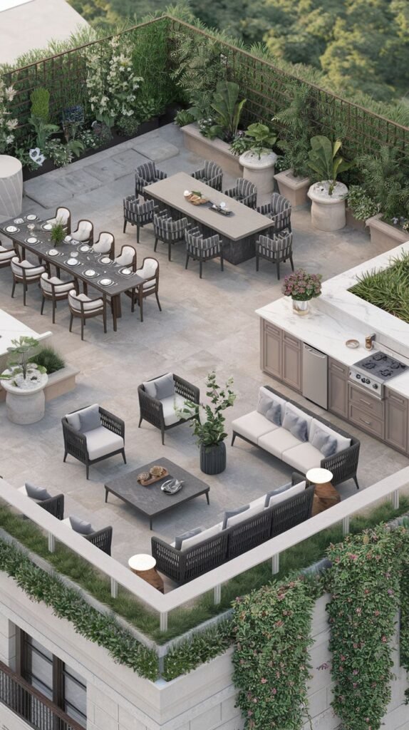Large rooftop patio with distinct areas for dining with a long table and many chairs, a lounging area with sofas and armchairs around a coffee table, and an outdoor kitchen, surrounded by plants and greenery.