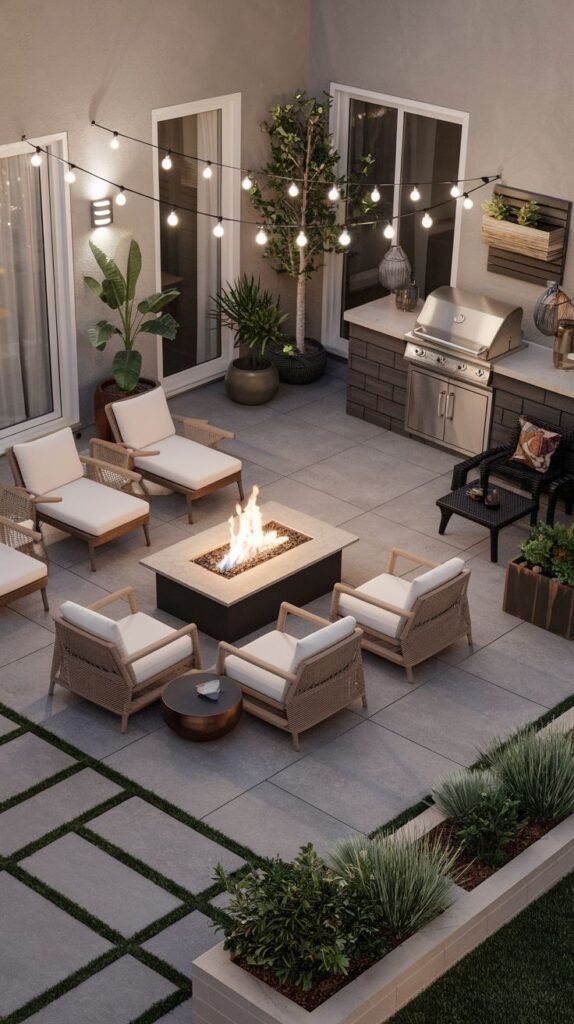 Modern patio with a fire pit surrounded by lounge chairs, a barbecue grill area, potted plants, and string lights.