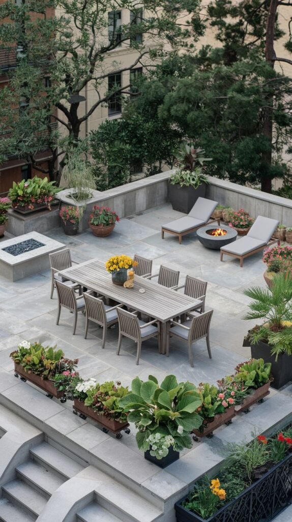 Rooftop patio with a dining table and chairs, lounge chairs near a fire pit, and raised planter boxes filled with flowers and plants.