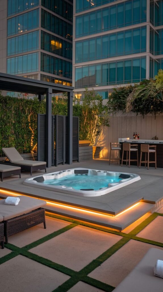Patio area with a rectangular hot tub, lounge chairs, and a bar area, illuminated at dusk with strip lighting around the hot tub and lights on the bar.