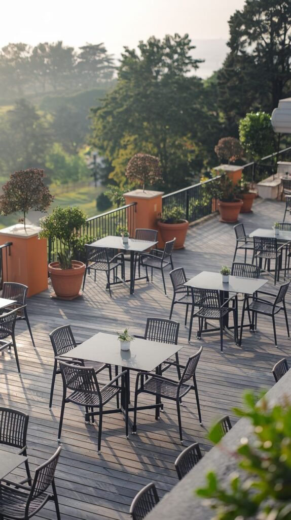Outdoor dining area on a wooden deck with multiple small tables and chairs, surrounded by potted plants and with a view of trees in the background.