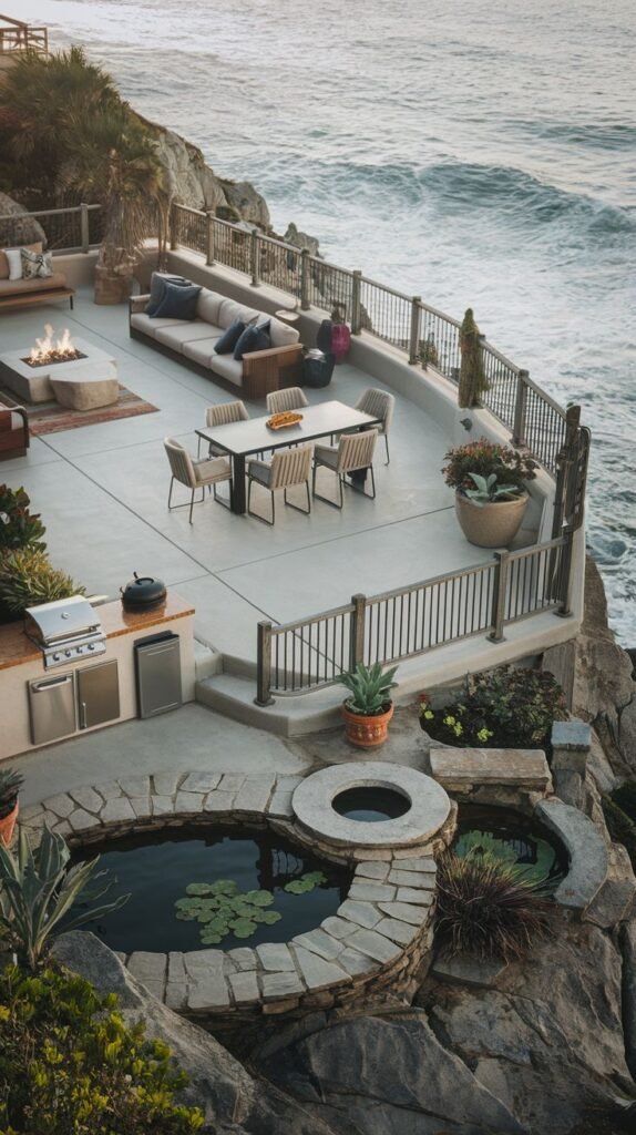 Coastal patio built into a cliff overlooking the ocean, featuring lounge seating with a fire pit, a dining area, an outdoor kitchen, and stone ponds or water features.