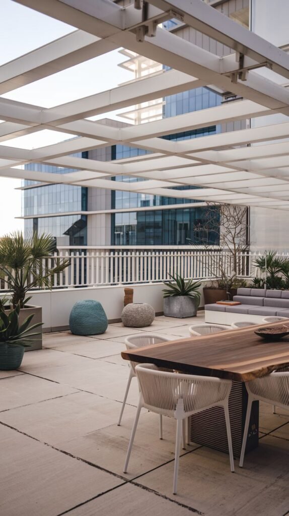 Modern rooftop terrace with large pavers, featuring a dining table with chairs, lounge seating, and potted plants, under a metal structure.