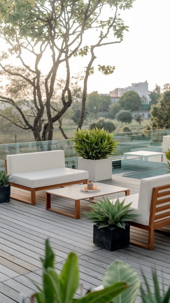 Outdoor seating area on a wooden deck with a sofa, armchairs, and a coffee table, surrounded by potted plants, with a blurred background of trees and buildings.
