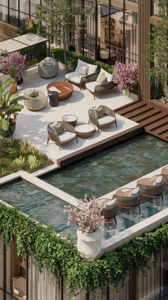 Elevated outdoor space with lounge seating, tables, plants, and a water feature or pool.