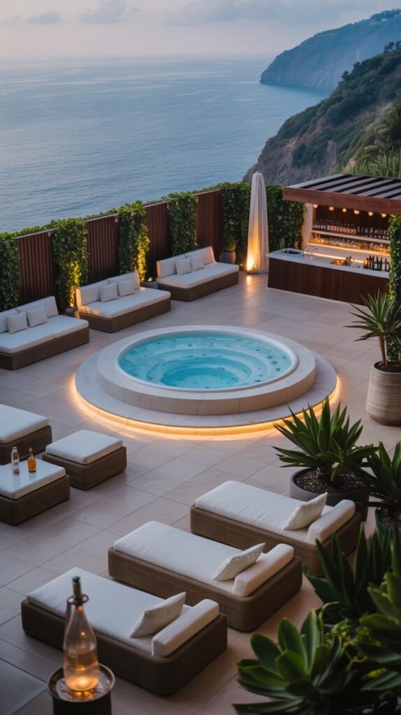 Luxury outdoor space with a circular hot tub, lounge chairs, a bar area, and potted plants overlooking the sea.