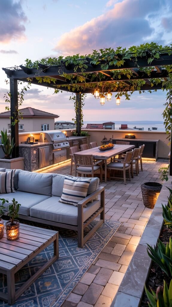 Patio with a pergola covered in vines, an outdoor kitchen with a grill, a dining table with chairs, a sofa, and a coffee table, lit by string lights and path lights.