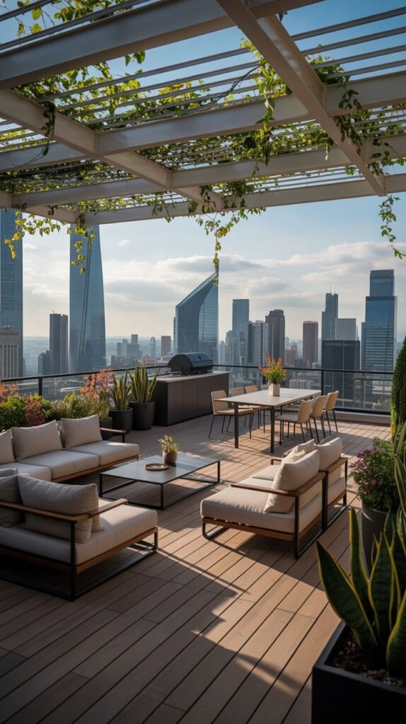 Rooftop terrace with a large pergola, lounge seating, a dining table, and an outdoor kitchen area, with a city skyline in the background.
