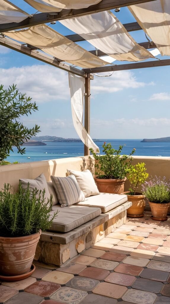 Patio with a stone bench covered in cushions, potted plants, and a fabric pergola, overlooking the sea.