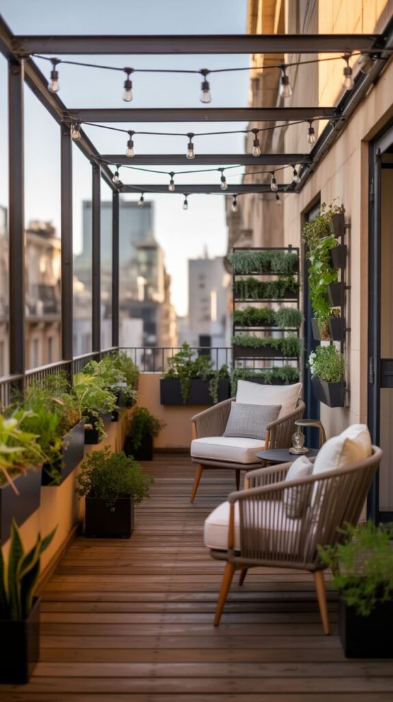 Balcony with wooden flooring, two chairs with cushions, potted plants including a vertical garden on the wall, and string lights.