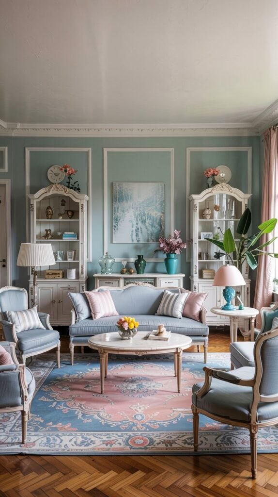 Pastel living room featuring a light blue sofa, armchairs, white bookshelves, and a colorful area rug.