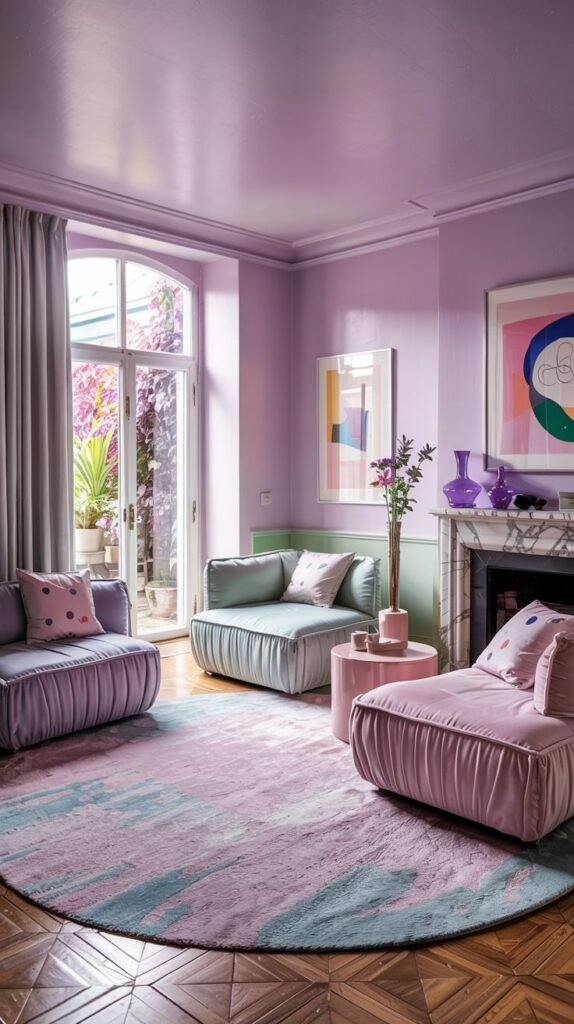 Pastel living room with purple walls, unique pastel pink and mint green chairs, pink side tables, and a colorful abstract area rug.