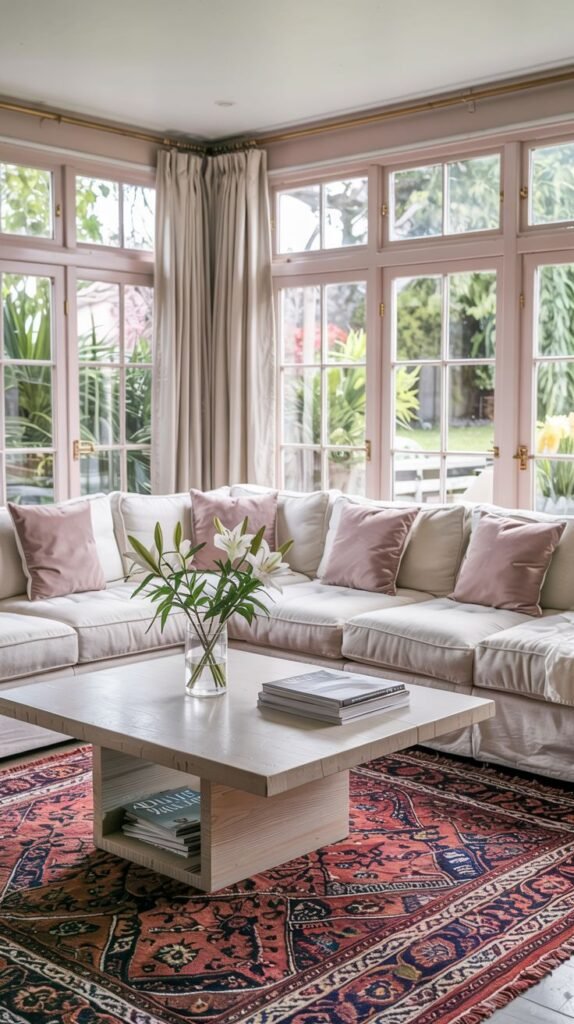 Pastel living room with a large white sectional sofa, square wooden coffee table, and a red and blue area rug.