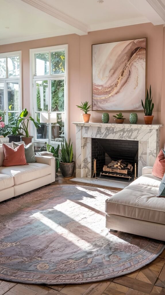 Pastel living room with pink walls, white sofas, fireplace, plants, and a pastel round area rug.