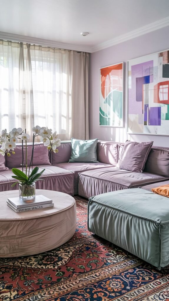 Pastel living room with purple walls, a purple modular sofa, green ottoman, large abstract artwork, and a red and blue area rug.