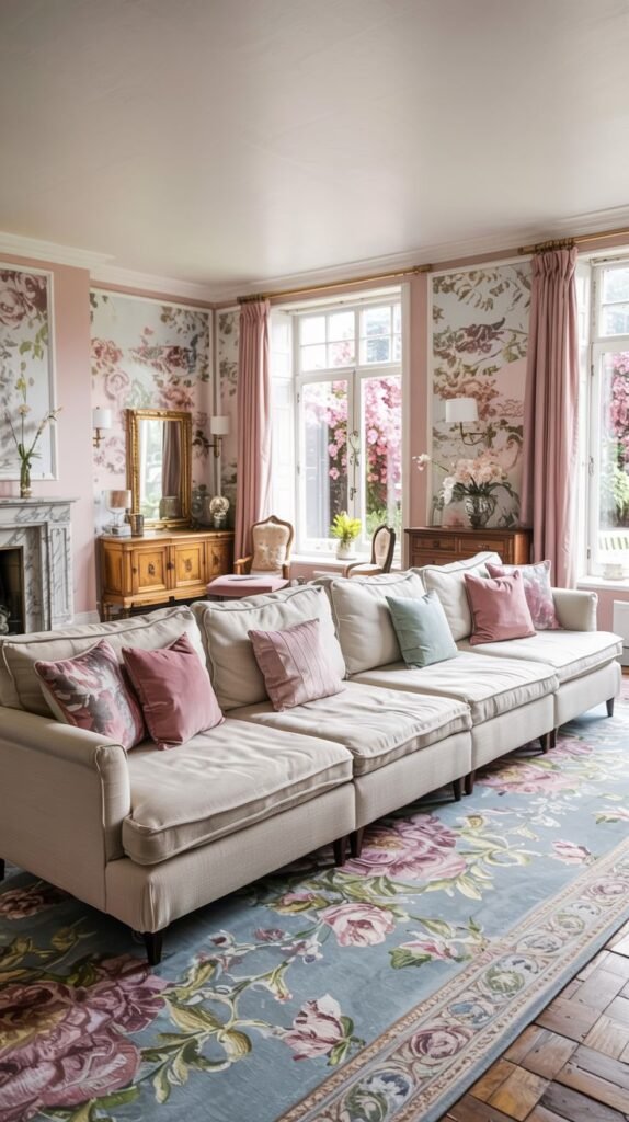 Pastel living room with floral wallpaper, a long white sofa, pink curtains, and a floral pastel area rug.