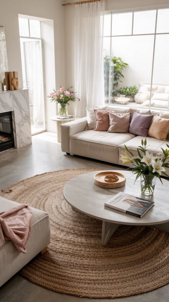 Minimalist pastel living room with a light-colored sofa, fireplace, large window, and a round jute area rug.