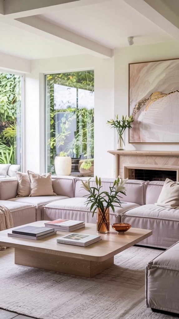 Pastel living room with a pink sectional sofa, large wooden coffee table, fireplace, abstract artwork, and a light-colored area rug.