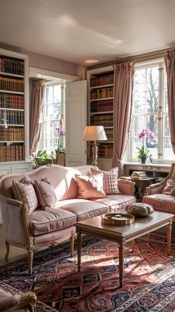 Pastel living room with pink walls, a pink sofa, armchairs, wooden coffee table, bookshelves filled with books, and a patterned area rug.