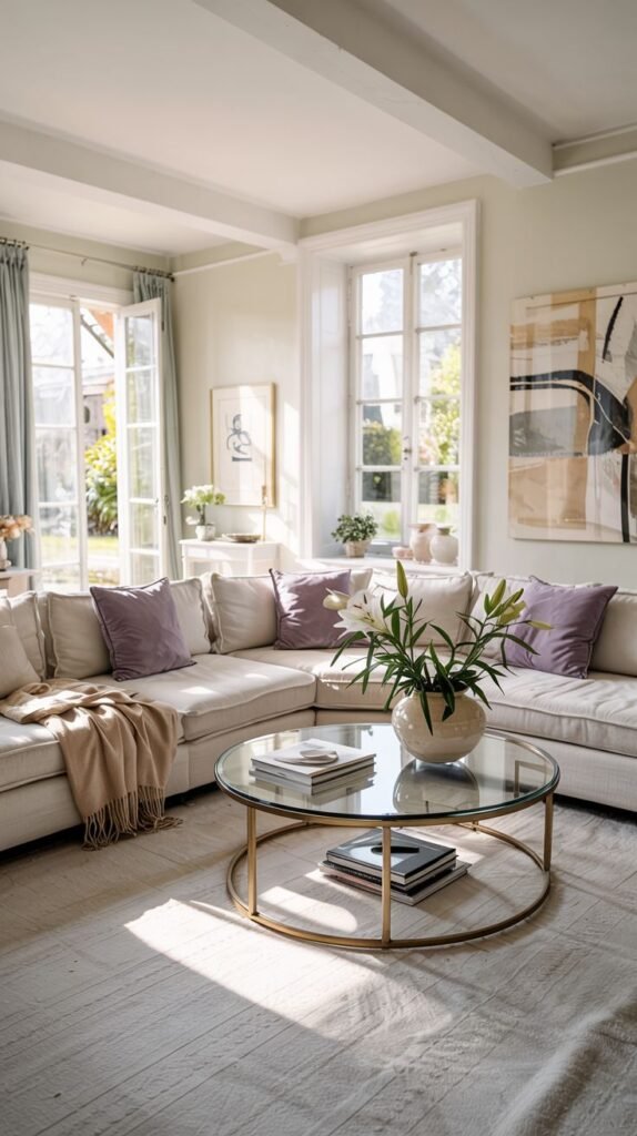 Bright pastel living room with a white sectional sofa, glass and metal coffee table, large windows, and a light-colored area rug.