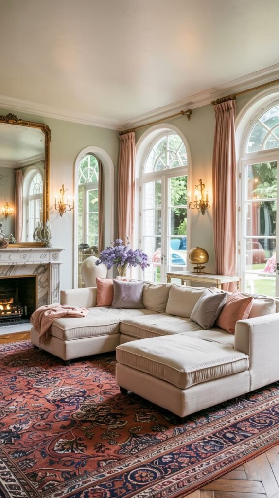 Spacious pastel living room with a large white sectional sofa, fireplace, ornate mirror, arched windows, and a patterned red area rug.