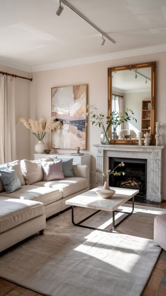 Pastel living room with a light-colored sofa, fireplace, mirror, marble coffee table, and a light-colored area rug.