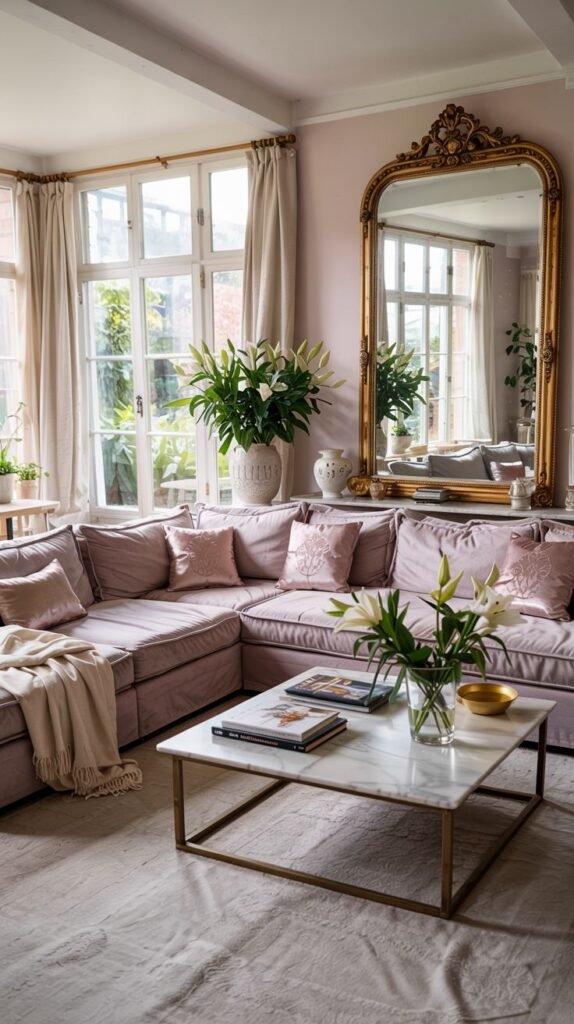 Pastel living room with a pink sectional sofa, large mirror, marble coffee table, and a light-colored area rug.