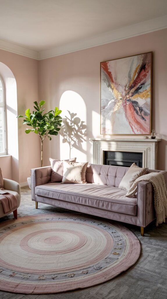 Pastel living room with pink walls, a pink sofa, fireplace, potted plant, and a round pastel area rug.