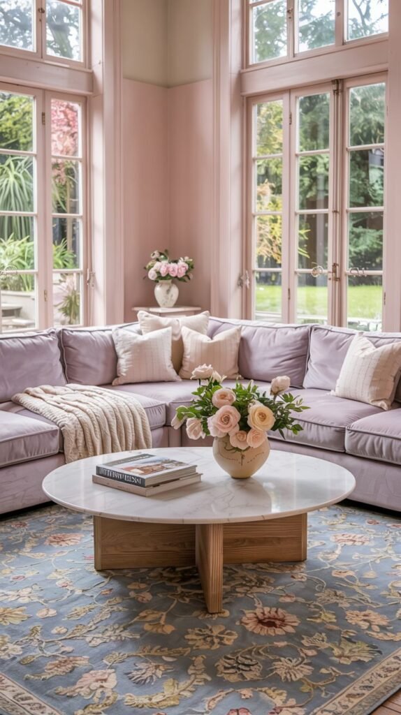 Pastel living room with a pink sectional sofa, round marble coffee table, large windows, and a floral pastel area rug.