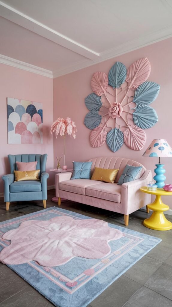 Colorful pastel living room with a pink sofa, blue armchair, unique wall art, and a floral area rug.