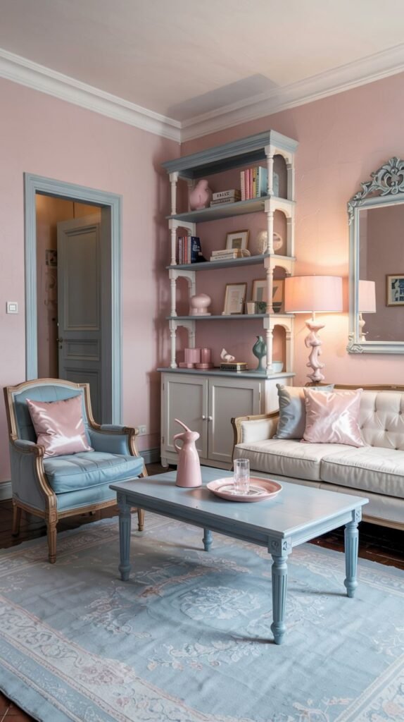 Pastel living room with pink walls, a white sofa, blue armchair, blue coffee table, and a light blue patterned area rug.