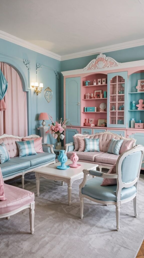Vibrant pastel living room with blue walls, pink and blue sofas and chairs, white coffee table, and a large pastel cupboard.