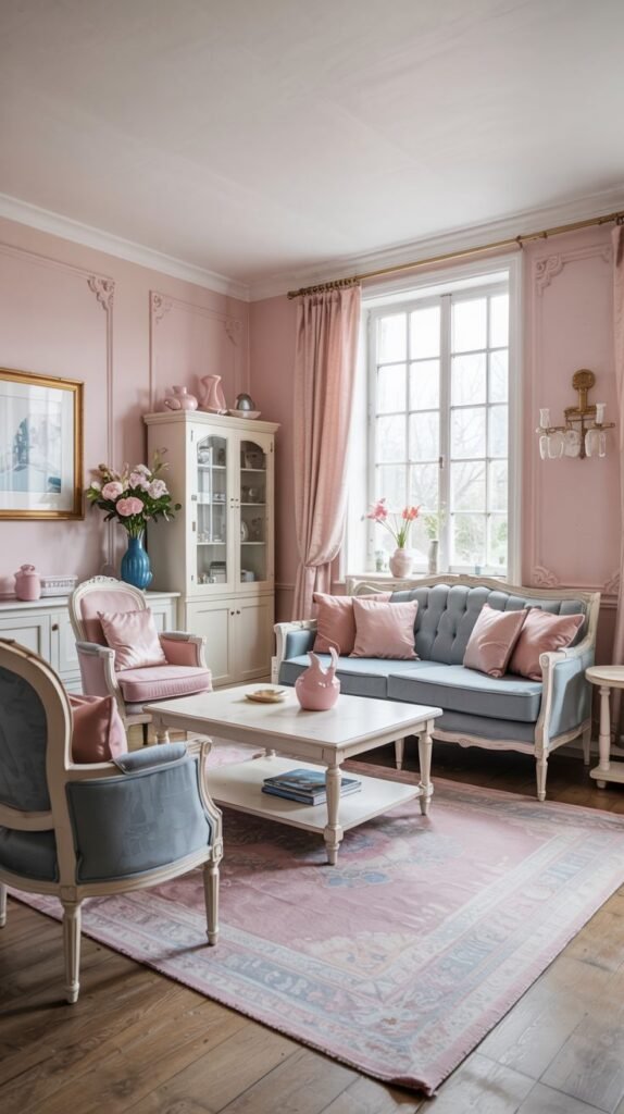 Pastel living room with pink walls, a blue sofa, pink armchair, white display cabinet, and a pastel patterned area rug.