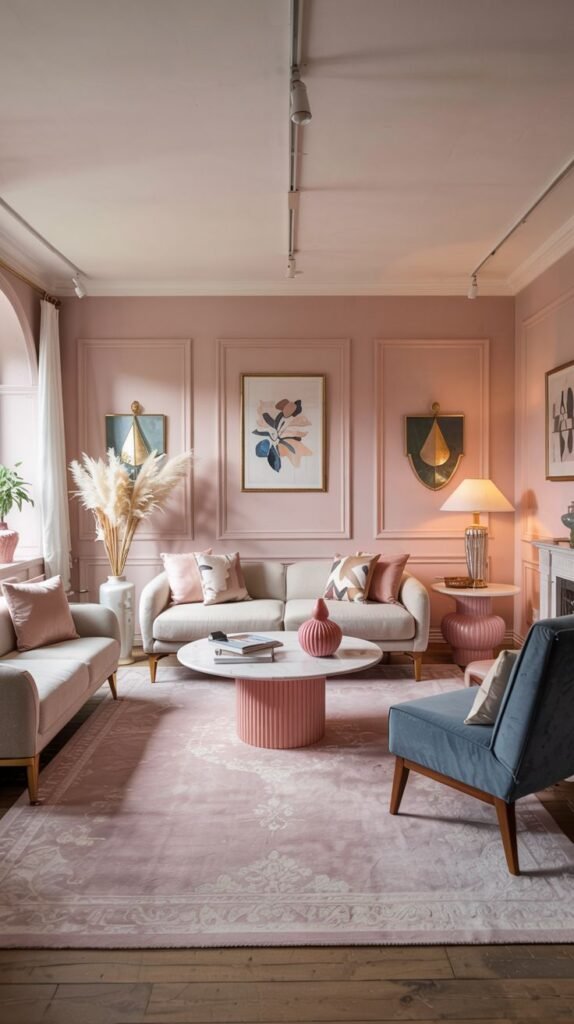 Pastel living room with pink walls, light-colored sofas, round pink coffee table, artwork, and a pink patterned area rug.
