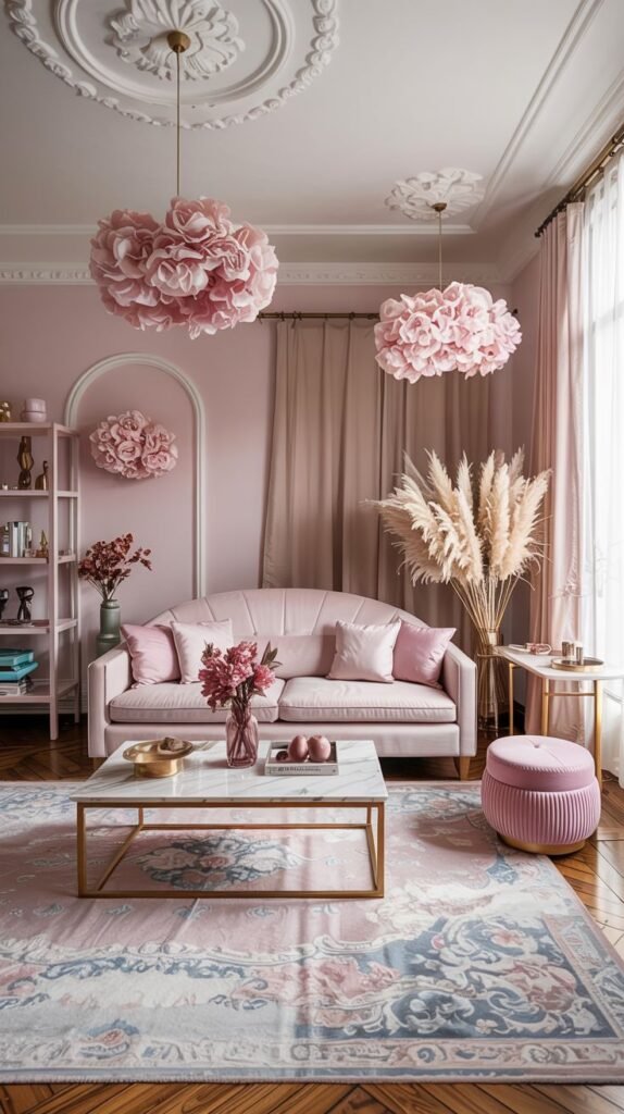Pastel living room with pink walls, a pink sofa, marble coffee table, large pink floral light fixtures, and a pastel area rug.