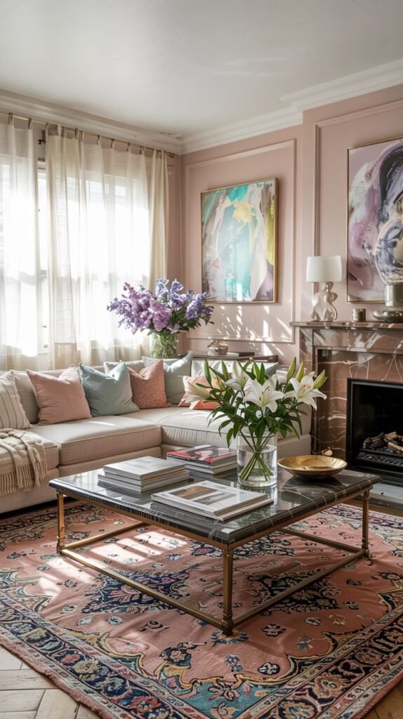 Pastel living room with pink walls, a white sectional sofa, a marble coffee table, artwork, and sheer curtains.