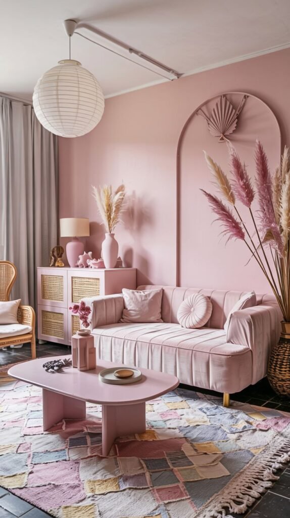 Pastel living room with pink walls, a pink sofa, pink coffee table, arched detail, and a colorful patchwork area rug.