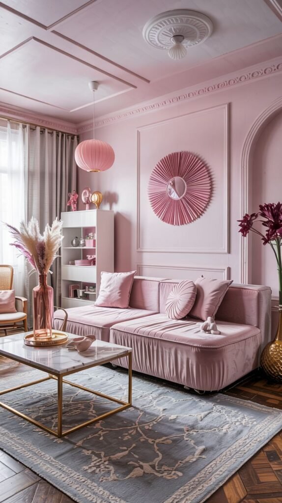 Pastel living room with pink walls, a pink sofa, marble coffee table, round wall art, pink light fixture, and a pastel area rug.