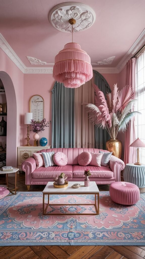 Vibrant pastel living room with pink walls, a pink sofa, marble coffee table, large pink chandelier, and a colorful pastel area rug.